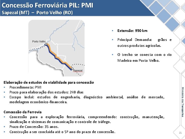 Concessão Ferroviária PIL: PMI Sapezal (MT) – Porto Velho (RO) § Extensão: 950 km