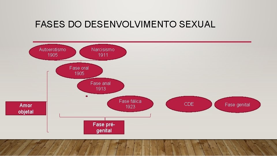 FASES DO DESENVOLVIMENTO SEXUAL Autoerotismo 1905 Narcisismo 1911 Fase oral 1905 Fase anal 1913