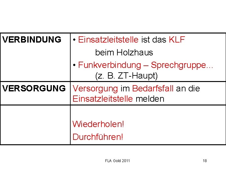  • Einsatzleitstelle ist das KLF beim Holzhaus • Funkverbindung – Sprechgruppe… (z. B.