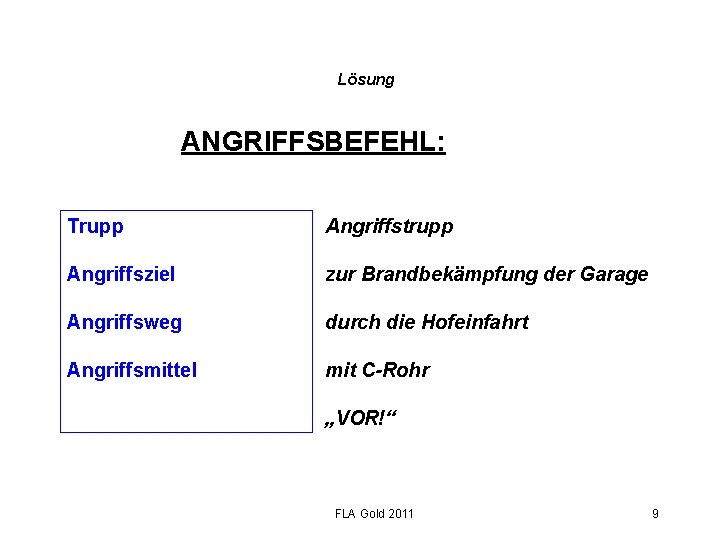 Lösung ANGRIFFSBEFEHL: Trupp Angriffstrupp Angriffsziel Angriffsweg Angriffsmittel zur Brandbekämpfung der Garage durch die Hofeinfahrt