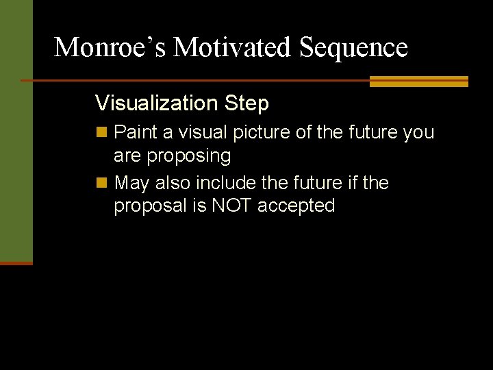 Monroe’s Motivated Sequence Visualization Step n Paint a visual picture of the future you Monroe’s Motivated Sequence Visualization Step n Paint a visual picture of the future you