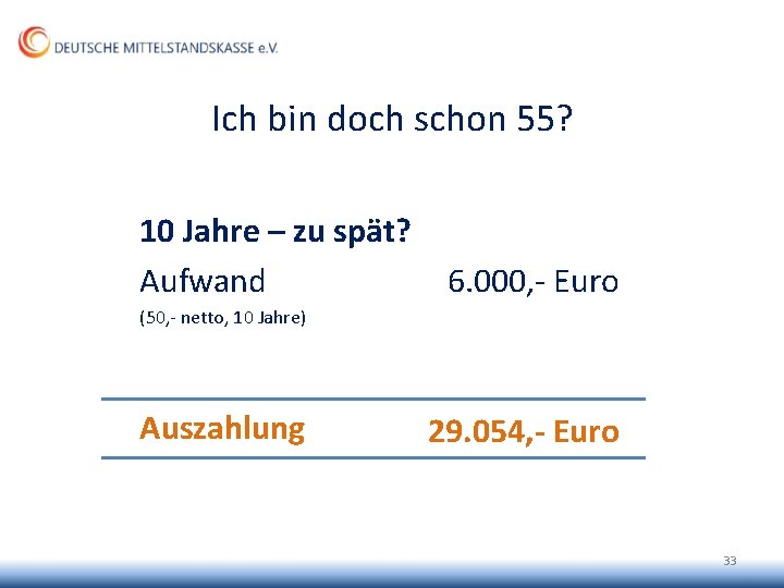 Ich bin doch schon 55? 10 Jahre – zu spät? Aufwand 6. 000, -