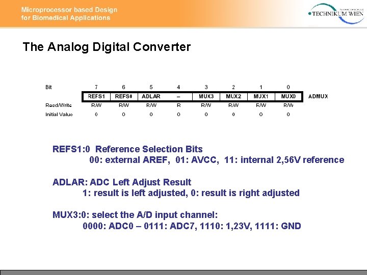 The Analog Digital Converter REFS 1: 0 Reference Selection Bits 00: external AREF, 01: The Analog Digital Converter REFS 1: 0 Reference Selection Bits 00: external AREF, 01:
