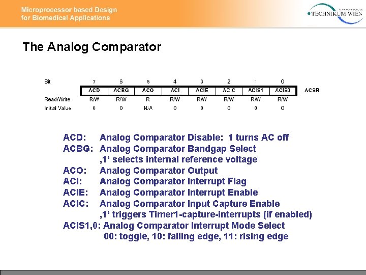 The Analog Comparator ACD: Analog Comparator Disable: 1 turns AC off ACBG: Analog Comparator The Analog Comparator ACD: Analog Comparator Disable: 1 turns AC off ACBG: Analog Comparator