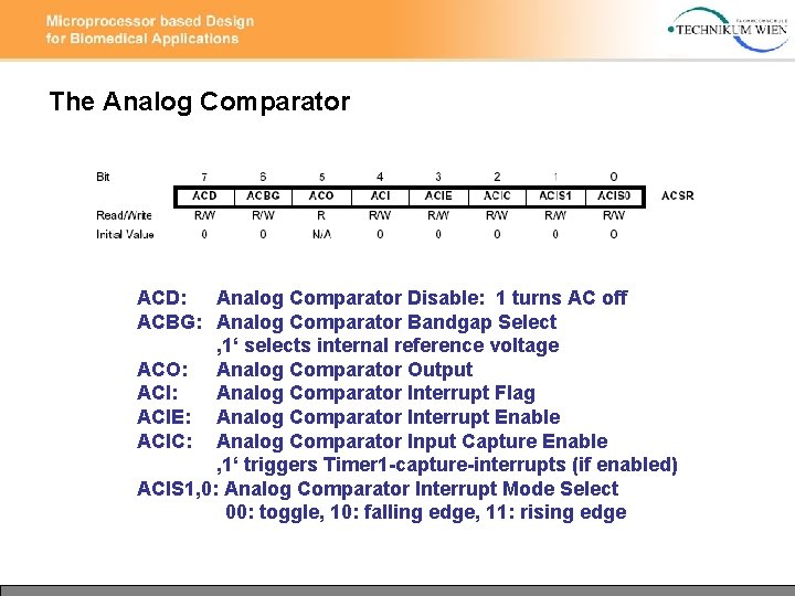 The Analog Comparator ACD: Analog Comparator Disable: 1 turns AC off ACBG: Analog Comparator