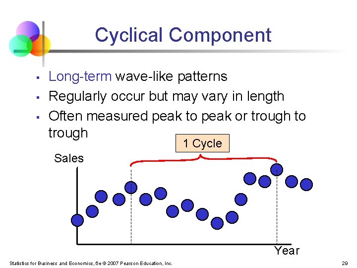 Cyclical Component § § § Long-term wave-like patterns Regularly occur but may vary in