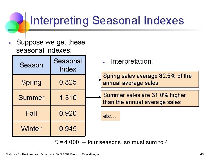 Interpreting Seasonal Indexes § Suppose we get these seasonal indexes: Seasonal Index § Interpretation: