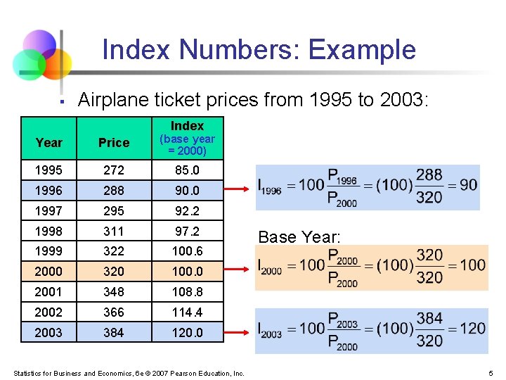Index Numbers: Example § Airplane ticket prices from 1995 to 2003: Index Year Price