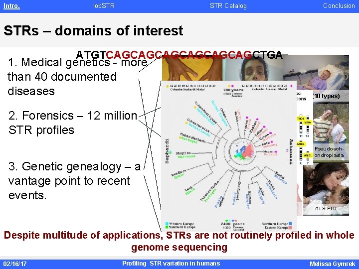 Intro. lob. STR Catalog Conclusion STRs – domains of interest ATGTCAGCAGCAGCTGA 1. Medical genetics