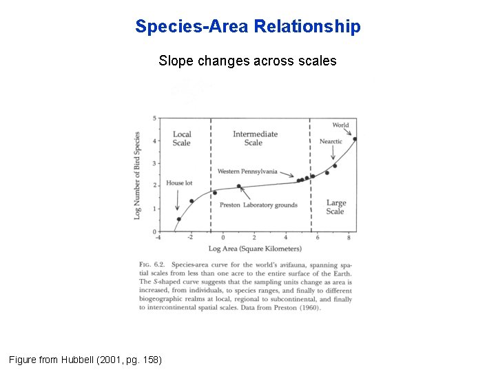 Species-Area Relationship Slope changes across scales Figure from Hubbell (2001, pg. 158) 