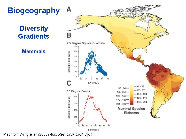 Biogeography Diversity Gradients Mammals Map from Willig et al. (2003) Ann. Rev. Ecol. Evol.