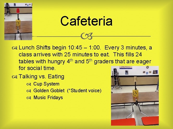 Cafeteria Lunch Shifts begin 10: 45 – 1: 00. Every 3 minutes, a class