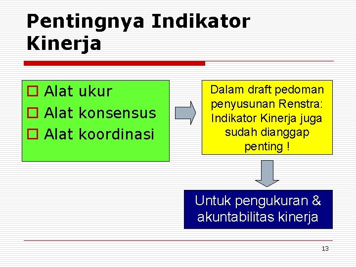 Pentingnya Indikator Kinerja o Alat ukur o Alat konsensus o Alat koordinasi Dalam draft