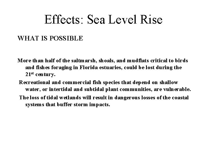 Effects: Sea Level Rise WHAT IS POSSIBLE More than half of the saltmarsh, shoals,