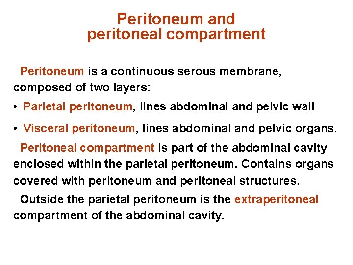Peritoneum and peritoneal compartment Peritoneum is a continuous serous membrane, composed of two layers: