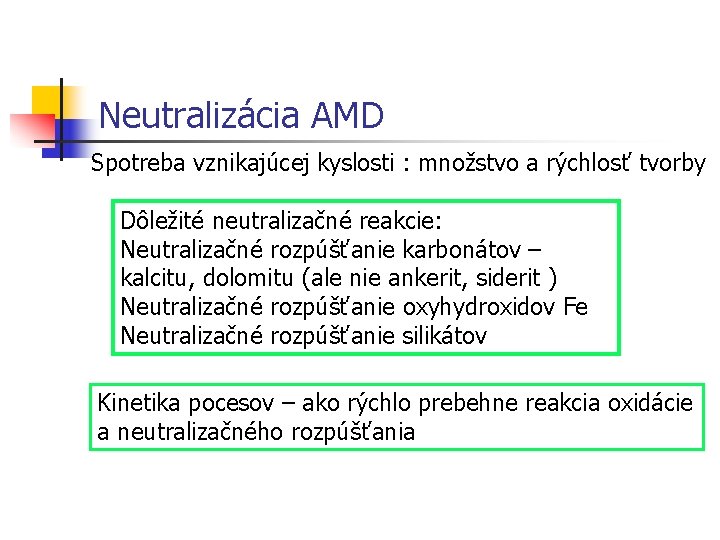 Neutralizácia AMD Spotreba vznikajúcej kyslosti : množstvo a rýchlosť tvorby Dôležité neutralizačné reakcie: Neutralizačné