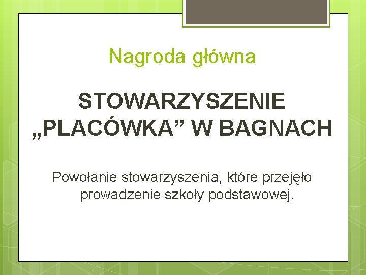 Nagroda główna STOWARZYSZENIE „PLACÓWKA” W BAGNACH Powołanie stowarzyszenia, które przejęło prowadzenie szkoły podstawowej. 