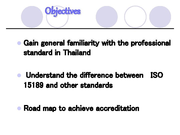 Objectives l Gain general familiarity with the professional standard in Thailand l Understand the