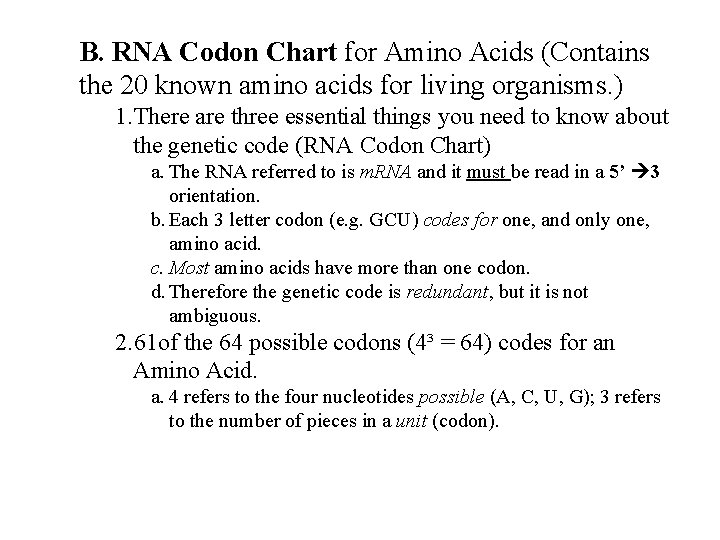 B. RNA Codon Chart for Amino Acids (Contains the 20 known amino acids for