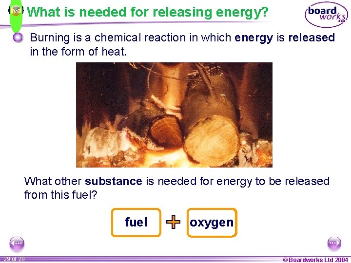 What is needed for releasing energy? Burning is a chemical reaction in which energy