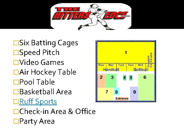 �Six Batting Cages �Speed Pitch �Video Games �Air Hockey Table �Pool Table �Basketball Area