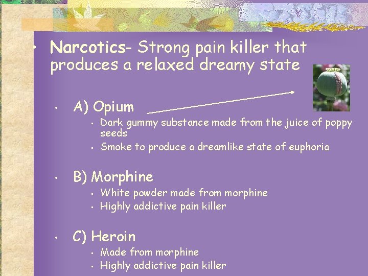  • Narcotics- Strong pain killer that produces a relaxed dreamy state • A)