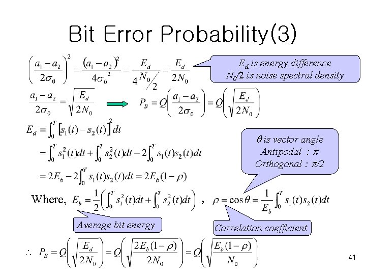 Bit Error Probability(3) Ed is energy difference N 0/2 is noise spectral density is