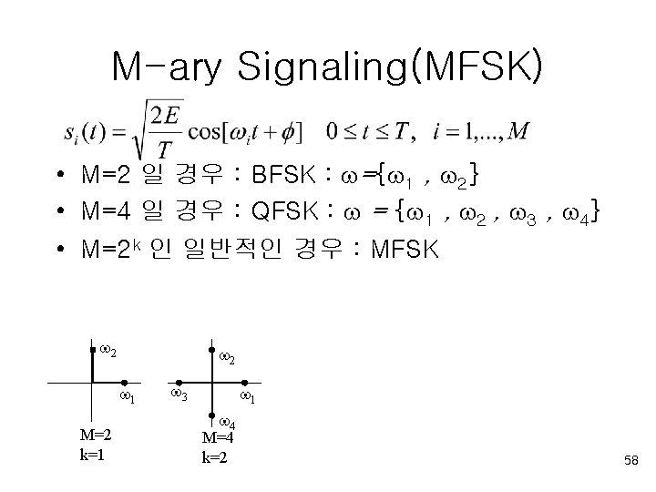 M-ary Signaling(MFSK) • M=2 일 경우 : BFSK : ={ 1 , 2} •