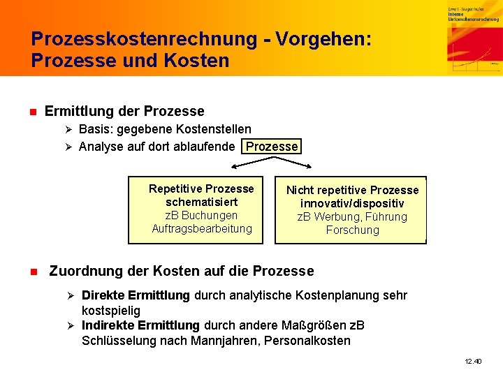 Prozesskostenrechnung - Vorgehen: Prozesse und Kosten n Ermittlung der Prozesse Basis: gegebene Kostenstellen Ø