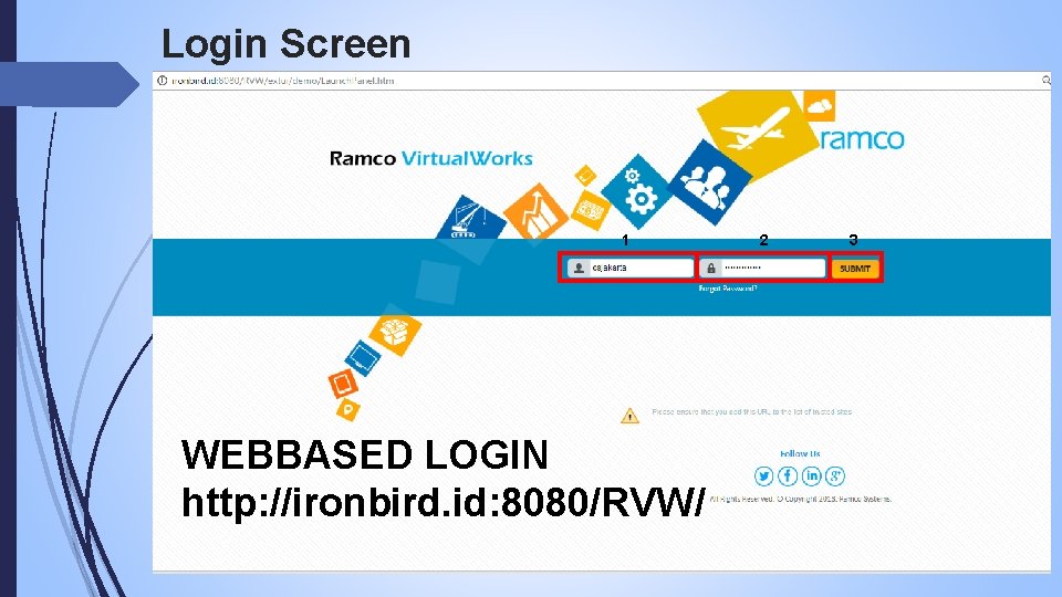 Login Screen 1 WEBBASED LOGIN http: //ironbird. id: 8080/RVW/ 2 3 
