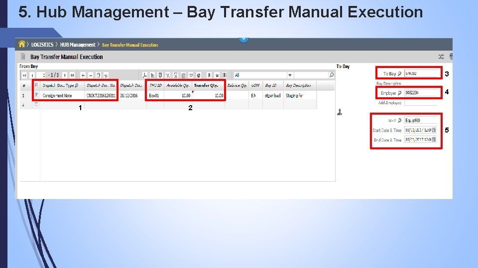 5. Hub Management – Bay Transfer Manual Execution 3 4 1 2 5 