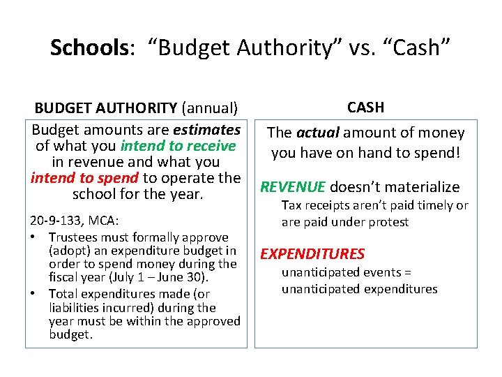 Schools: “Budget Authority” vs. “Cash” BUDGET AUTHORITY (annual) Budget amounts are estimates of what