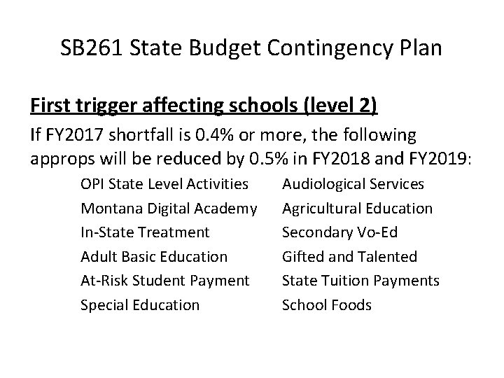 SB 261 State Budget Contingency Plan First trigger affecting schools (level 2) If FY