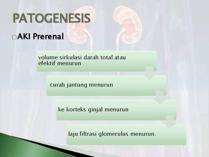 PATOGENESIS � AKI Prerenal volume sirkulasi darah total atau efektif menurun curah jantung menurun