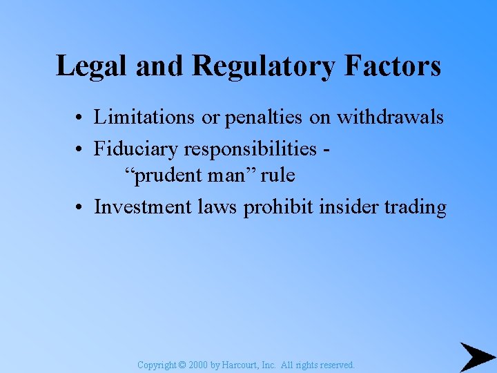 Legal and Regulatory Factors • Limitations or penalties on withdrawals • Fiduciary responsibilities “prudent