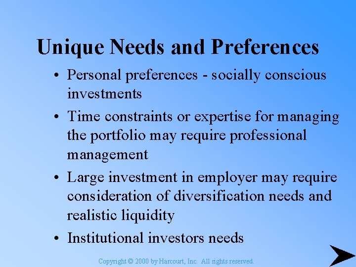 Unique Needs and Preferences • Personal preferences - socially conscious investments • Time constraints