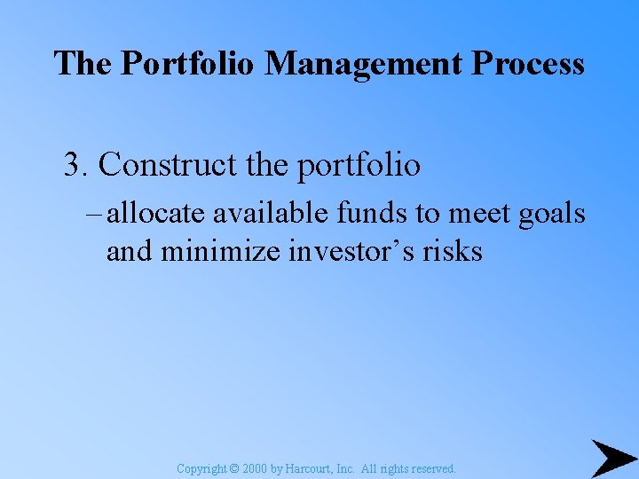 The Portfolio Management Process 3. Construct the portfolio – allocate available funds to meet