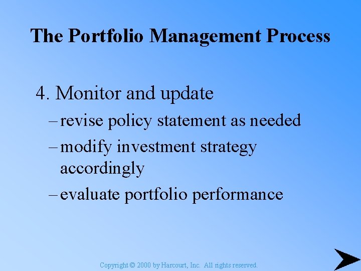 The Portfolio Management Process 4. Monitor and update – revise policy statement as needed