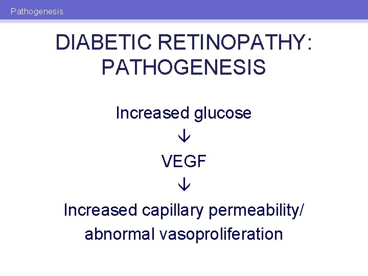 Pathogenesis DIABETIC RETINOPATHY: PATHOGENESIS Increased glucose VEGF Increased capillary permeability/ abnormal vasoproliferation 