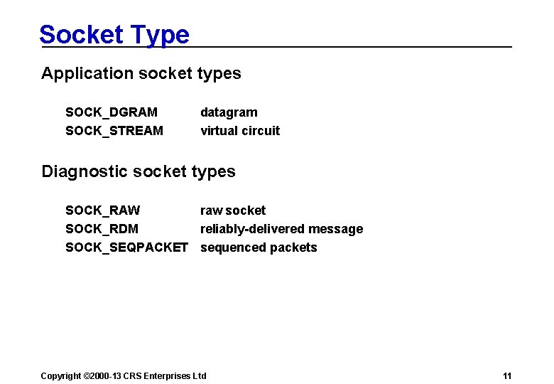 Socket Type Application socket types SOCK_DGRAM SOCK_STREAM datagram virtual circuit Diagnostic socket types SOCK_RAW
