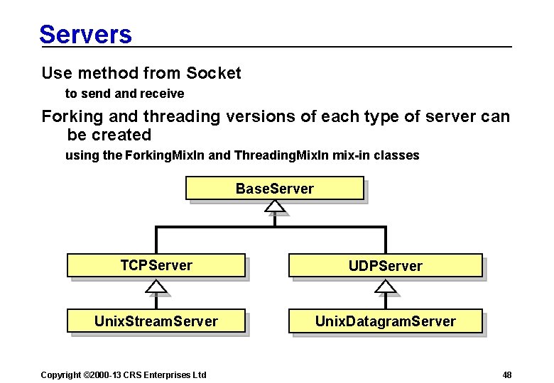 Servers Use method from Socket to send and receive Forking and threading versions of