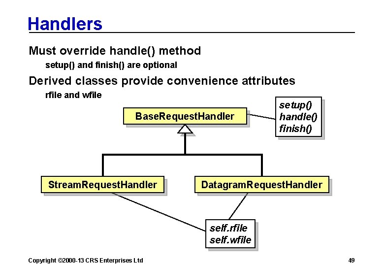 Handlers Must override handle() method setup() and finish() are optional Derived classes provide convenience