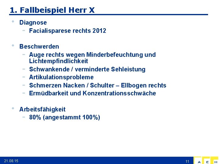 1. Fallbeispiel Herr X • Diagnose - Facialisparese rechts 2012 • Beschwerden - Auge