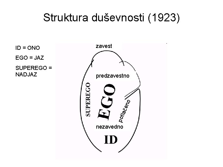 Struktura duševnosti (1923) ID = ONO zavest EGO = JAZ lače no predzavestno pot