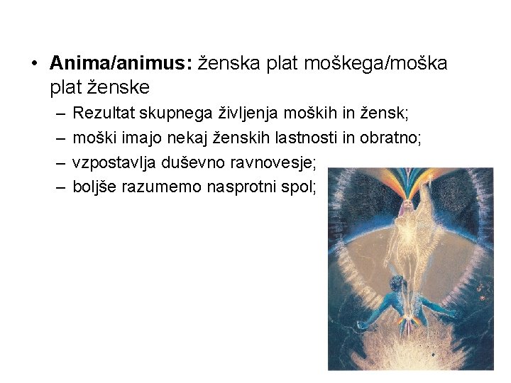  • Anima/animus: ženska plat moškega/moška plat ženske – – Rezultat skupnega življenja moških