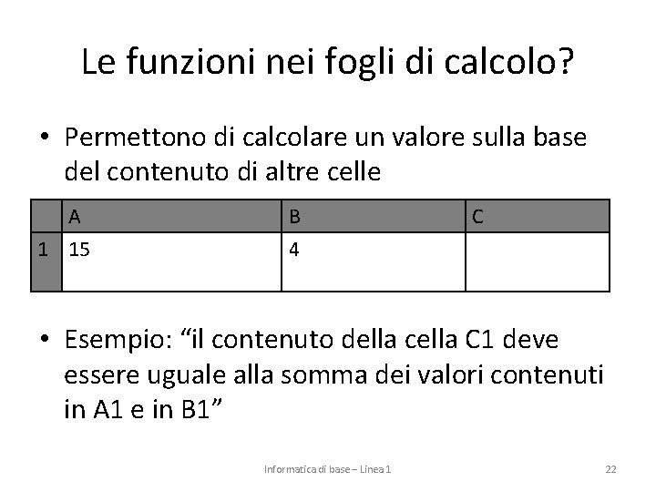 Le funzioni nei fogli di calcolo? • Permettono di calcolare un valore sulla base