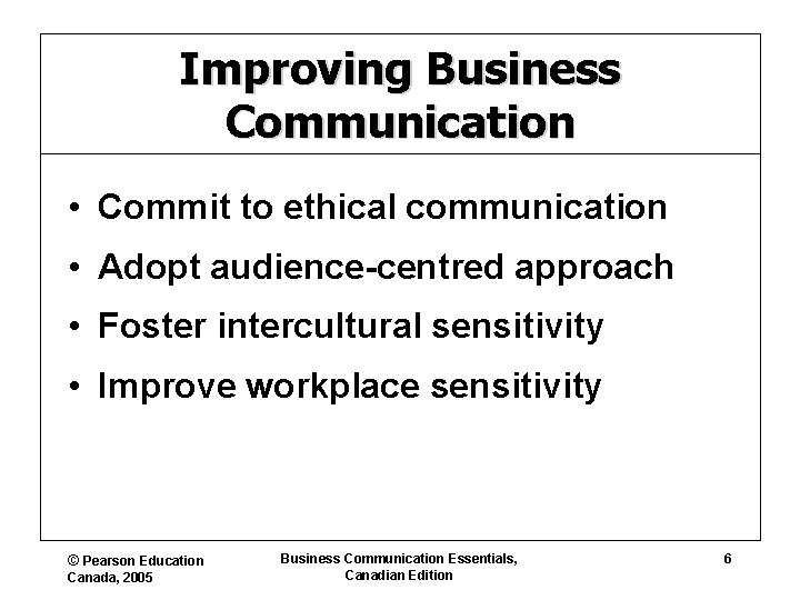 Improving Business Communication • Commit to ethical communication • Adopt audience-centred approach • Foster