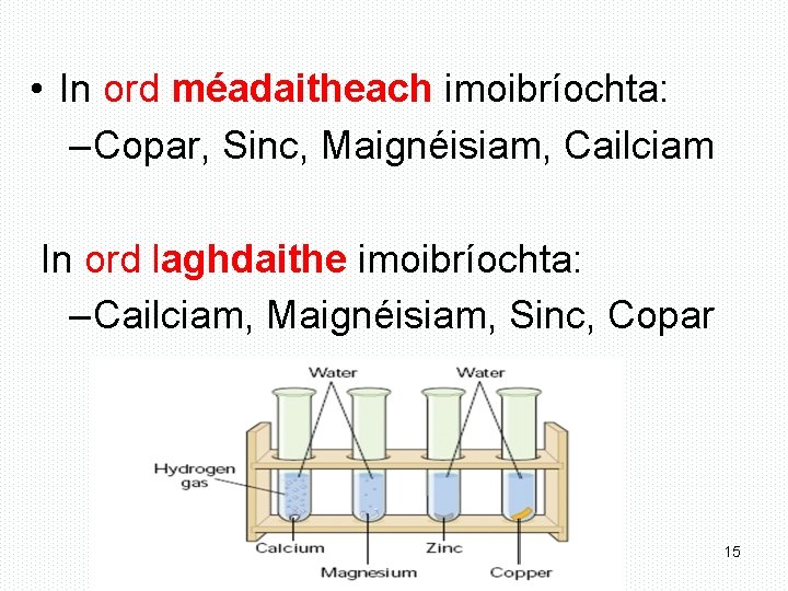  • In ord méadaitheach imoibríochta: – Copar, Sinc, Maignéisiam, Cailciam In ord laghdaithe