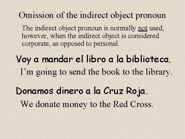 Omission of the indirect object pronoun The indirect object pronoun is normally not used,