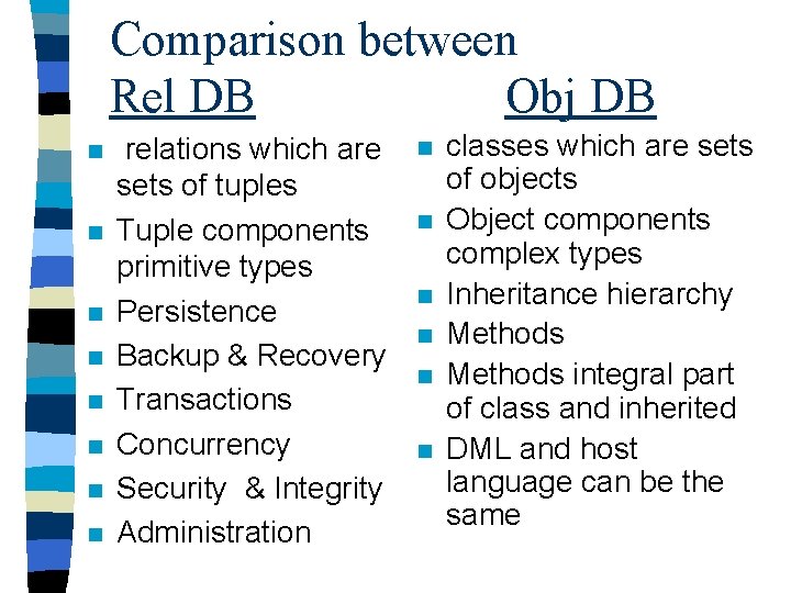 Comparison between Rel DB Obj DB n n n n relations which are sets